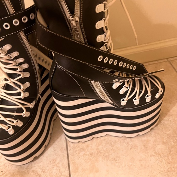 Dolls Kill Black and White Striped Platform Boots - Picture 10 of 11